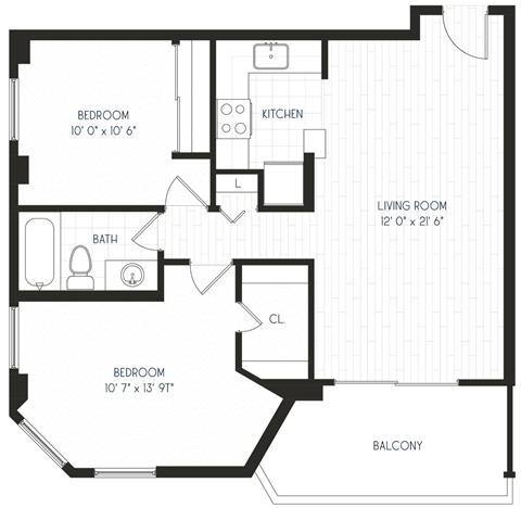 Floor plan for 2 beds, 1 bath, 813 sqft